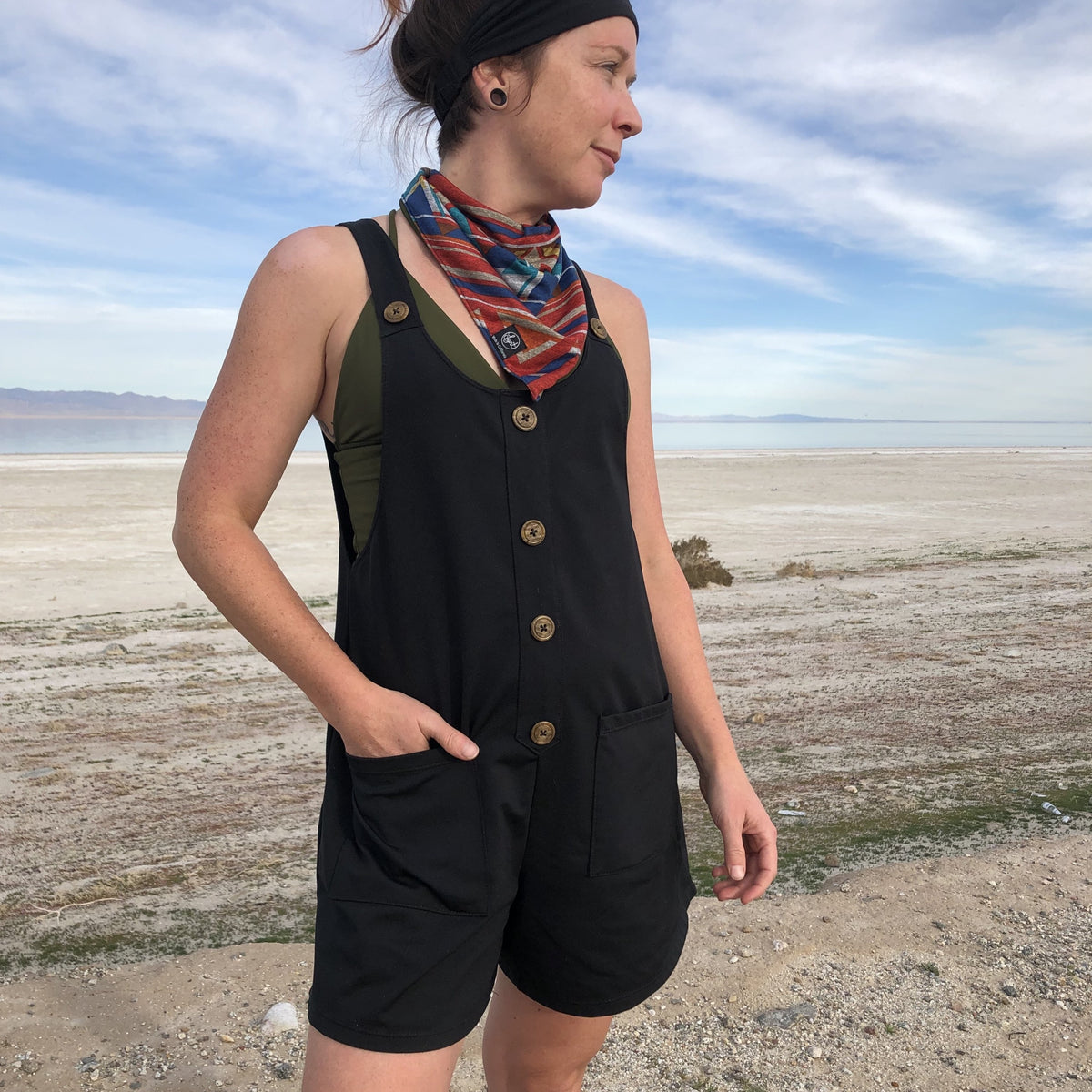 Lynt Button Short Overalls in Black